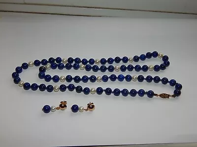 VINTAGE LAPIS LAZULI  & CULTURED PEARL BEAD NECKLACE 9ct GOLD EARRINGS & CLASP • £79.99