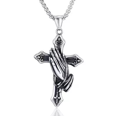 Mens Silver Praying Hands Cross Pendant Lord's Prayer Necklace Box Chain 24  • $8.99