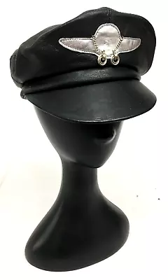 Vintage Black Real Leather Peaked Motorcycle Biker Cap Fisherman 53cm XS • £15