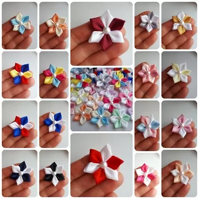 6 X Satin Ribbon Poinsettia Flowers With Pearl Craft Embellishment 40 Mm  • £3.99