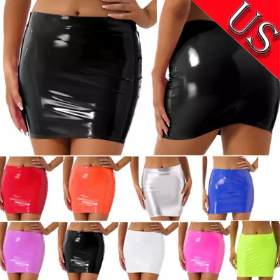 US Women High Waist Latex Bodycon Mini Pencil Skirts Glossy Skirt Sexy Clubwear • $12.36