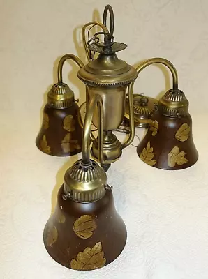 Brass Chandelier Hanging 3-Arm  W/ Brown Glass Leaf Shades Acorn Finial Vintage • $79.99