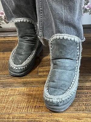 Mou Boots Eskimo Metal Shiny Leather Grey Inner Wedge Sheepskin Boots Sz 40-41 • $110