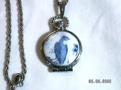 ...Vintage GOLDETTE...Silver Tone Glass Blue Bird Locket Pendant Necklace... • $18