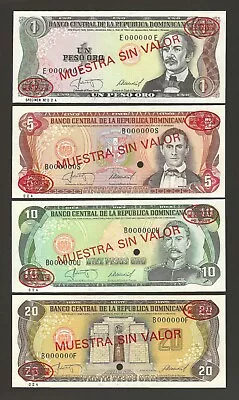 DOMINICAN REPUBLIC 1 5 10 20 Pesos 1987 SPECIMEN UNC P-126bs 118cs 119cs 120cs • $55