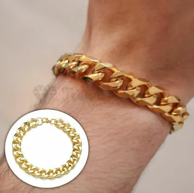 18K Gold Plated Stainless Steel Cuban Curb Chain Chunky Charm Cuff Bracelet 11MM • £6.99