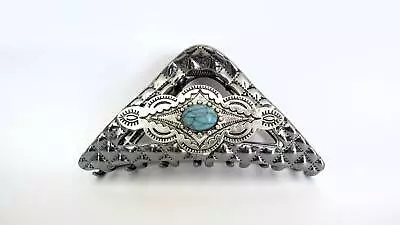 Large Dark Triangle Silver Turquoise Blue Design Metal Native Tribal Hair Claw • $17.95