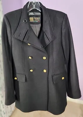 NWT Zara Black Manteco Short Wool Pea Coat With Gold Buttons • $79