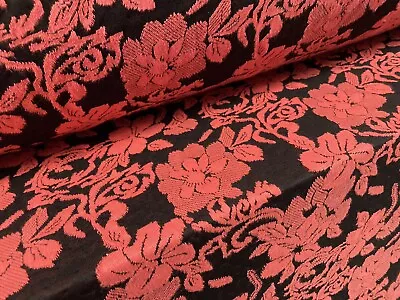 Floral Jacquard Double Jersey Stretch Dress Fabric Per Metre - Black & Coral • £7.99