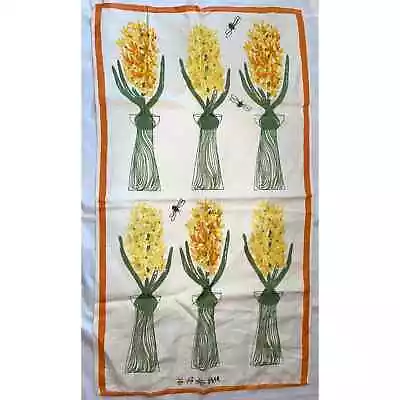 Vintage Vera Neumann Linen Kitchen Tea Towel - Ladybug Signed Yellow Flowers • $44.99