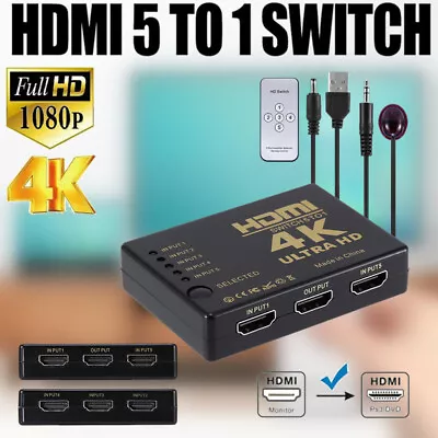 4K HDMI Switch Switcher 5 Port Splitter Hub IR Remote For HDTV PS3 5 In 1 Out UK • £6.97