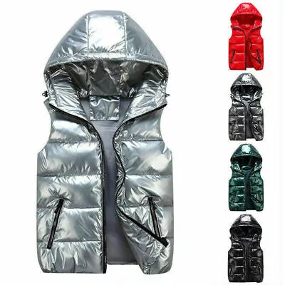Mens Puffer Quilted Hooded Waistcoat Metallic Shiny Gilet Bubble Jacket Coat • $24.52