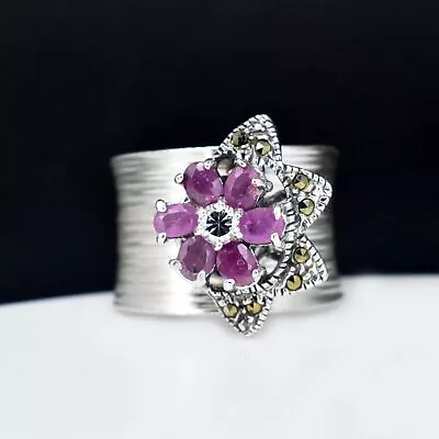 7.69 Gm Natural Pink Ruby & Moissanite Flower Shape 925 Sterling Silver Ring • $74.04