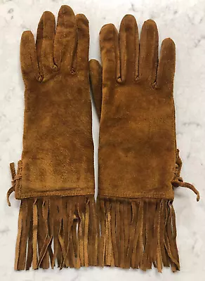 VTG 90s Eddie Bauer Womens Cognac Suede Fringed Gloves 100% Wool Lining Medium • $19