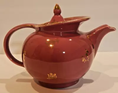 VINTAGE Hall 6 Cup Teapot #0694 Windshield Burgundy Maroon Gold Roses & Trim • $25