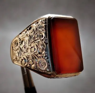 Natural Mens Red Yemen Agate Ring Red Carnelian Ring For Men Silver 925 Handmade • $250