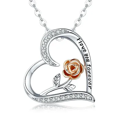 Silver Heart Rose Necklace Engraved  I Love You Forever  Pendant Necklace/Chain • £2.49