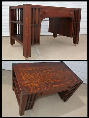 Antique Arts & Crafts Mission Tiger Oak Library Table SlatSide Bookshelves Desk • $795