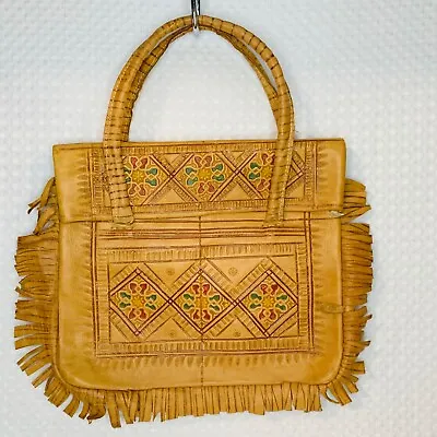 LEATHER HANDBAG PURSE TOOLED MOROCCAN (most Likely) Handmade Tan 8 1/2  X 10  • $24.92