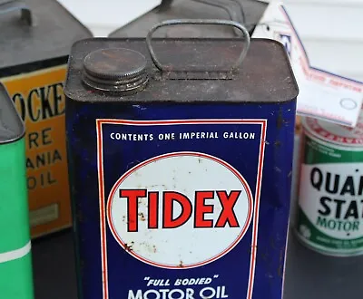 RARE 1940s Era TIDEX MOTOR OIL Old Tidewater Veedol Canadian Imperial Gallon Can • $128