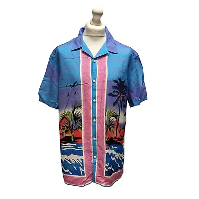 Primark Blue & Pink Palm Tree Print Short Sleeve Hawaiian Shirt UK Men's XL • £6.99