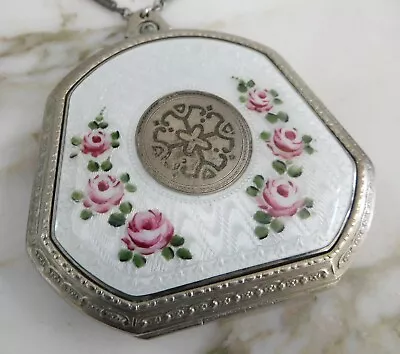 Antique Vintage 1920’s Guilloche Enamel Compact Hand Painted Pink Roses • $150