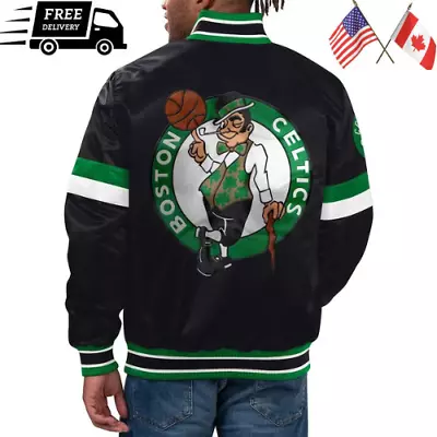 Men's Boston Celtics Home Game Varsity Full-Snap Satin Black Bomber Men Jacket • $99.99