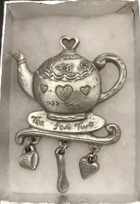 Vintage SPOONTIQUES Etched Pewter TEA FOR TWO Teapot Brooch Pin Dangle Charms • £18.78