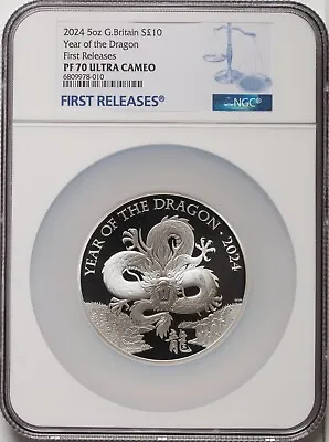 2024 Great Britain 5oz Silver 10 Pounds NGC PF70UC Year Of The Dragon FR 1/298 • $1175.24