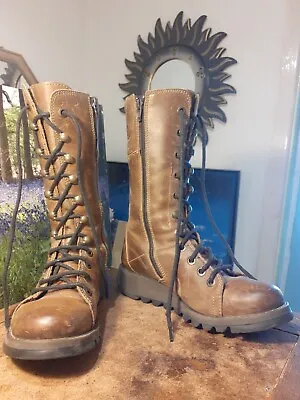£11 • Buy Fly Womens Tan Brown Leather Calf Length Combat Boots Size 4/37