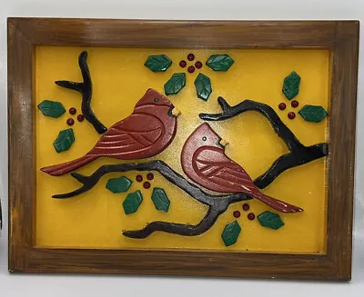 Vtg Hand Carved Wood Bird Wall Art Cardinals And Holly Bright Colors Christmas • $14.99