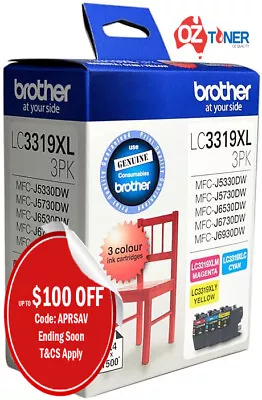 Genuine Brother LC3319XL-3PK C/M/Y HYd Ink Set For MFC-J6730DW/J6530DW/J5730DW • $118