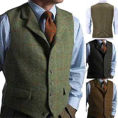 Green Mens Tweed Waistcoat Notch Lapel Plaid Wool Vest Windowpane Vintage S-3XL+ • $44.54