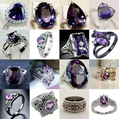 Purple Crystal Zircon Ring Silver Plated Women Party Wedding Rings Gift Size6-10 • $1.85