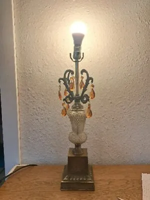 Vintage Brass Amber Crystal/Cut Glass Table Lamp Hollywood Regency? #328 • $60