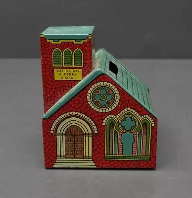 J. Chein & Co Vintage Litho Tin Bank Church Building Red/Green/Yellow 3x3 USA • $29.94