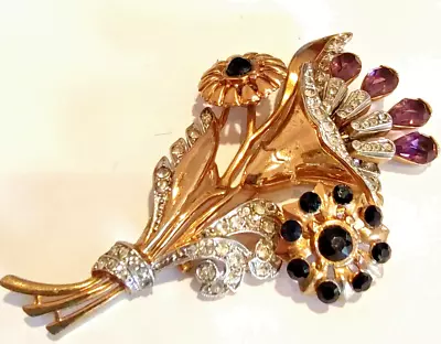 Vintage Large Mazer En Tremblant Brooch Amethyst Black Crystal Diamante Unsigned • $160