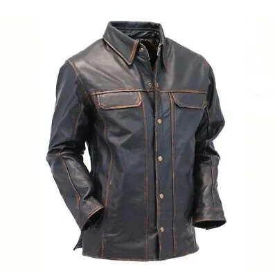 Men's Soft Vintage Brown Leather Slim Fit Button Up Shirt W/CCW Pockets • $59.99