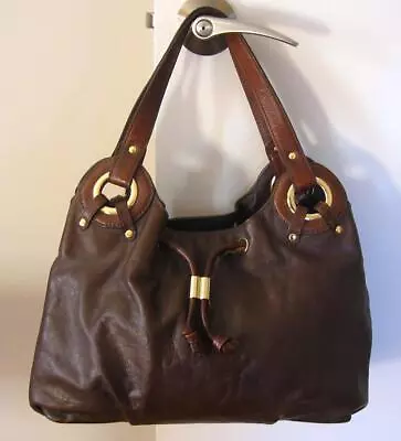 MICHAEL KORS Brown Leather Gold Ring Trim Drawstring Shoulderbag Purse Handbag • $35