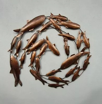 Contemporary Burnt Black Copper Fish Shoal 3D Medium Metal Circle Fish Wall Art • £62.99