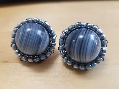 MIRIAM HASKELL Earrings Round Gray Striped Cabochon Screw On ESTATE Signed RARE • $49.99