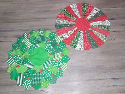 Vintage Handmade Christmas Red And Green Round Cloth Table Centerpieces Pair • $15