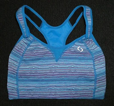 Moving Comfort Rebound Racer Blue Print Stretch Racer-back Sports Bra Sz 32DD • $15