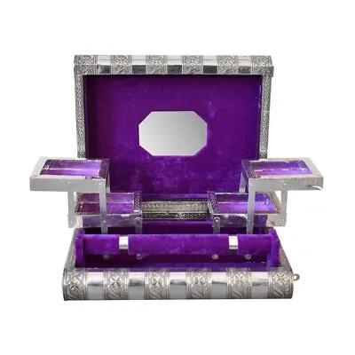  Indian Silver Embossed Jewelley Box With Violet Purple Interior Cotton Velvet • £29.99