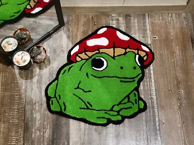 Cute Frog With Mushroom Cap Tufted Rug - Yarn Art - Soft & Comfy - Handmade • $95