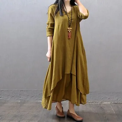 Women Dress Long Sleeve Kaftan Tunic Boho Cotton Linen Maxi Dress Casual Gypsy • $15.46