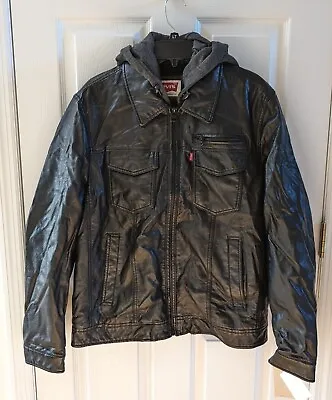 Levi's Men's Black Faux Leather Trucker Hooded Jacket-Size S/M/L/XL NWT LM5KU027 • $79.99