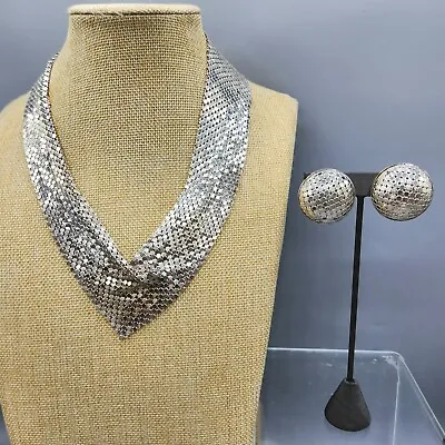 1970s Unsigned Silver Tone Mesh Chainmail Bib Necklace & Clip Button Earrings • $64.05