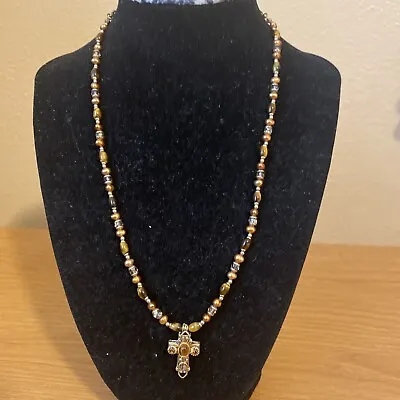 Michal Golan Gold Tone Tiger Eyes & Freshwater Pearl Cross Pendant Necklace • $55