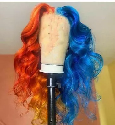 Half Orange Half Blue Lace Front Wig Glueless Long Curly Wigs Cosplay Party Wigs • $37.99